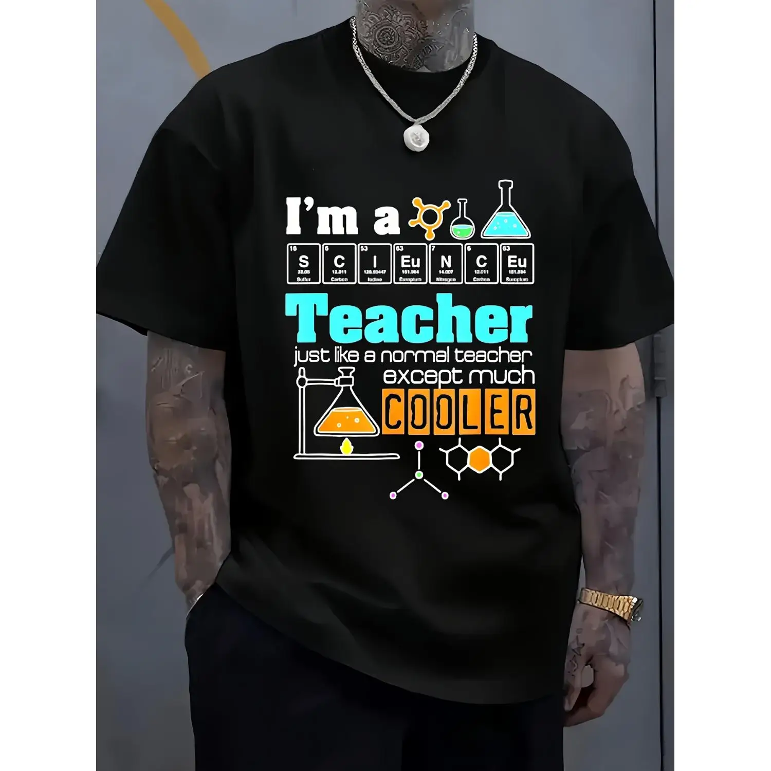 Mens Funny Science Teacher Cotton T-shirt with Quirky Slogan I am a Science Teacher Except Much Cooler Black Crew Neck Casual Tee for All Seasons Comfortable Gift for Educators Casual Fashion