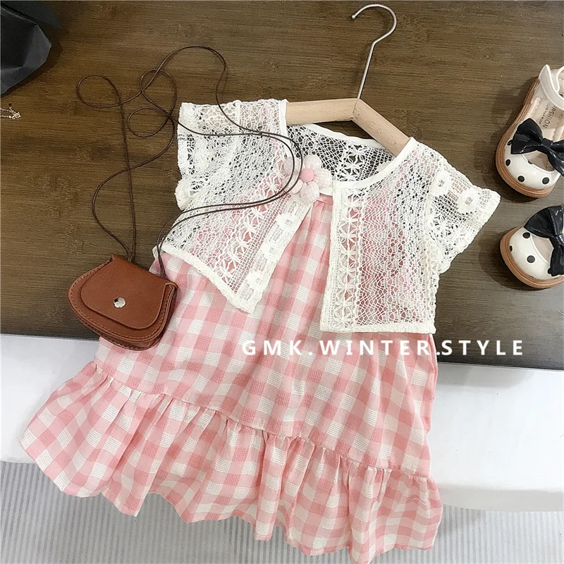 Girls Dress Summer New Children's Lace Cover-Up+Plaid Sling Gown 2Pcs 2026 Kids Fashion Clothing Baby Casual Vestidos 2-8Y