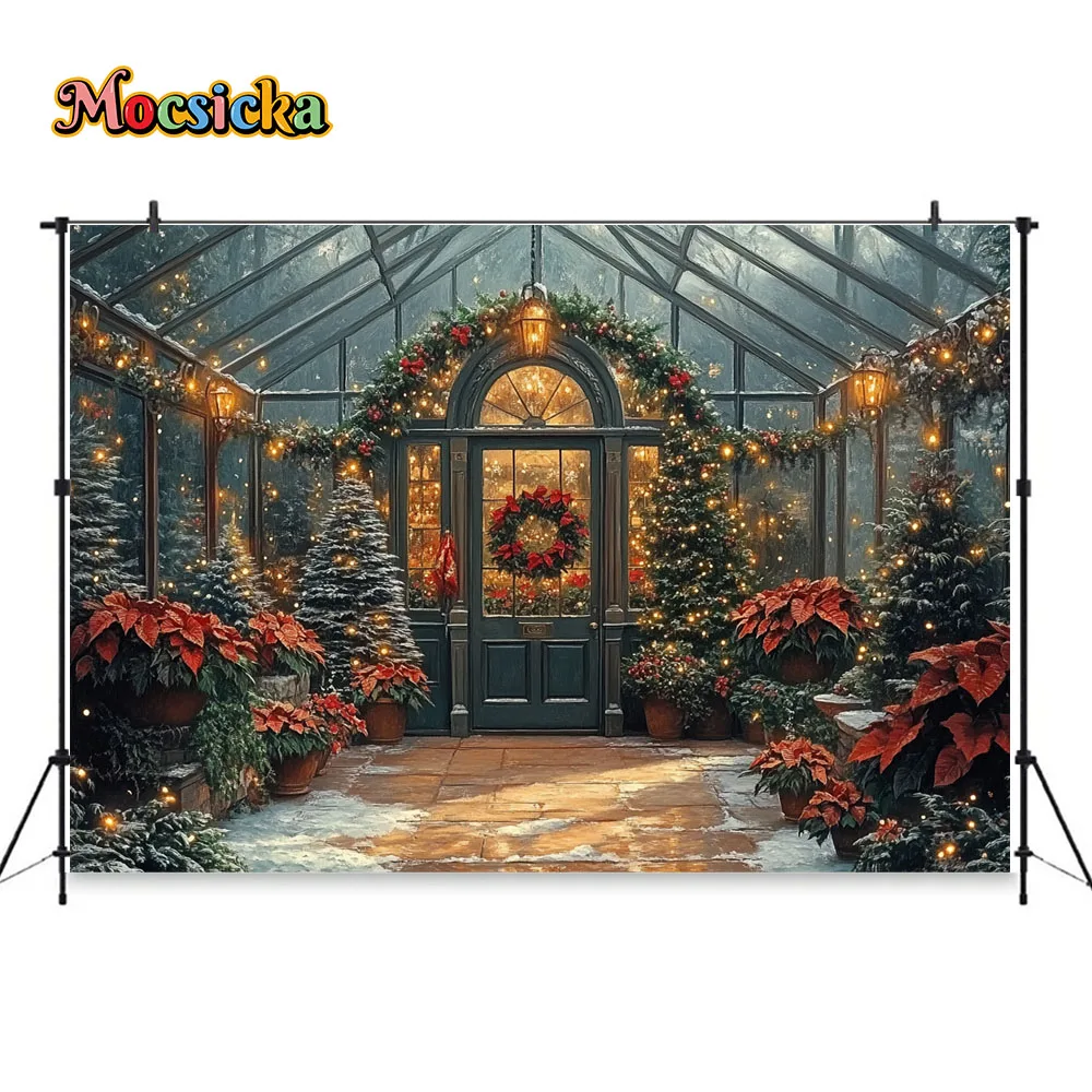 Winter Greenhouse Photography Background for Girls Birthday Christmas Tree Glitter Lights Garland Backdrop Family Photo Studio