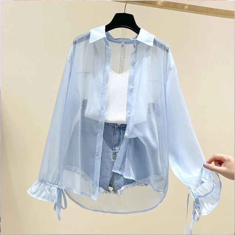 Summer Solid Color Sunscreen Clothing Female POLO Collar Long Sleeve Cardigan Ladies Thin Style Sheer Shirt Women Chiffon Shirt