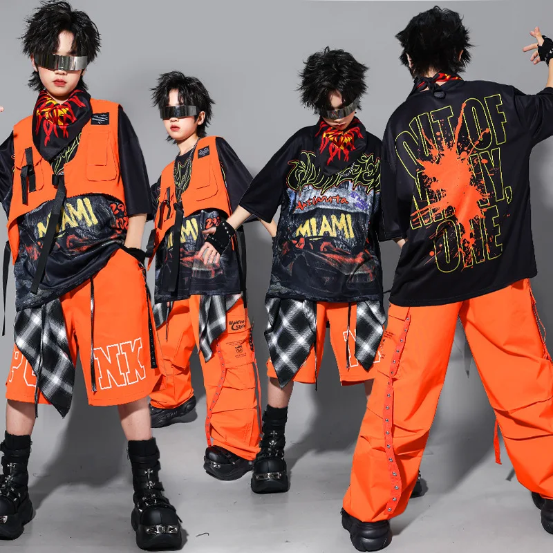 Boys Jazz Dance Stage Costume Children Hip Hop Trendy Suit Orange Shorts Oversize T-shirt Street Dance Outfit Streetwear