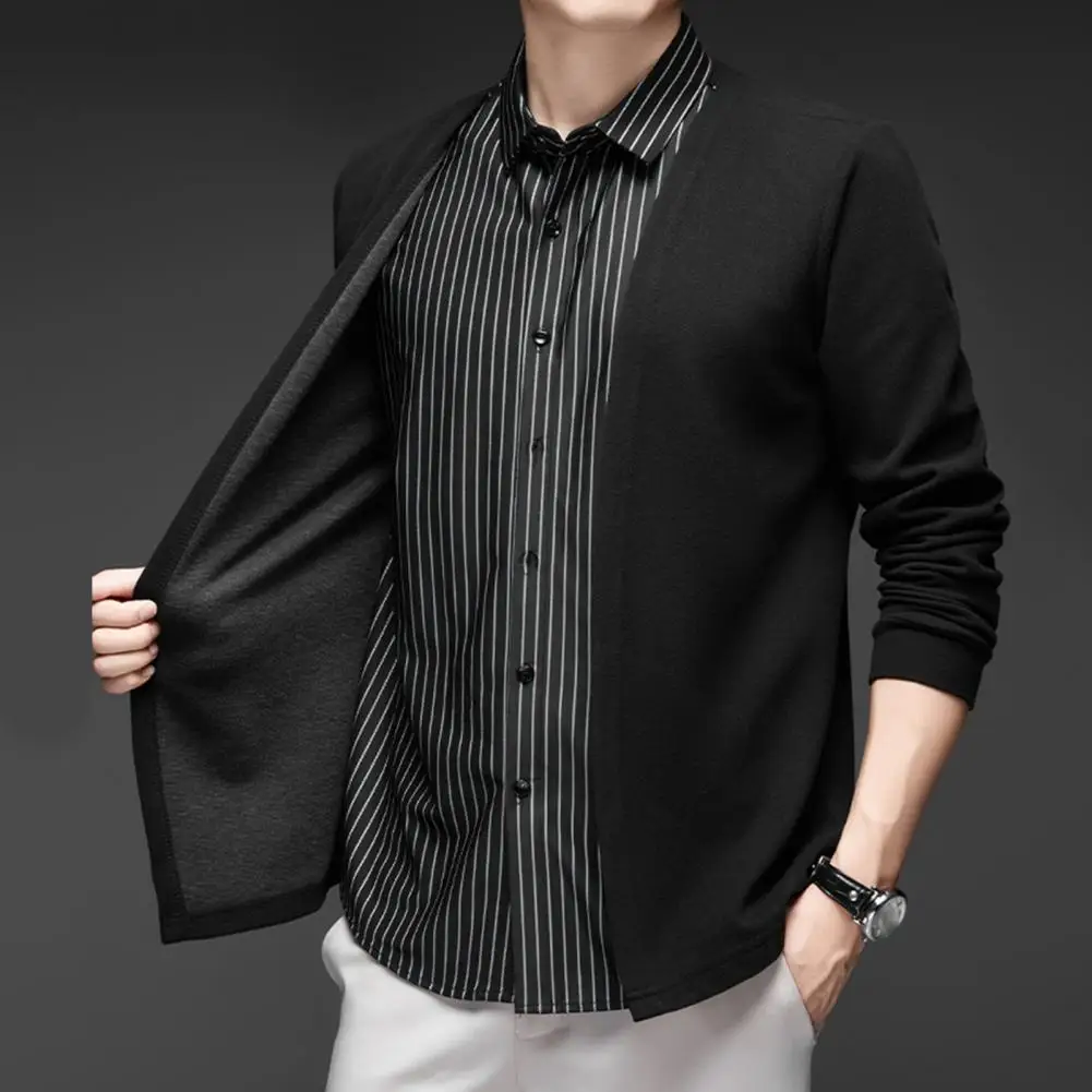 Fake Two-piece Cardigan Men Shirt Turn-down Collar Single-breasted Striped Long Sleeves Matching Knitted Formal Business Top