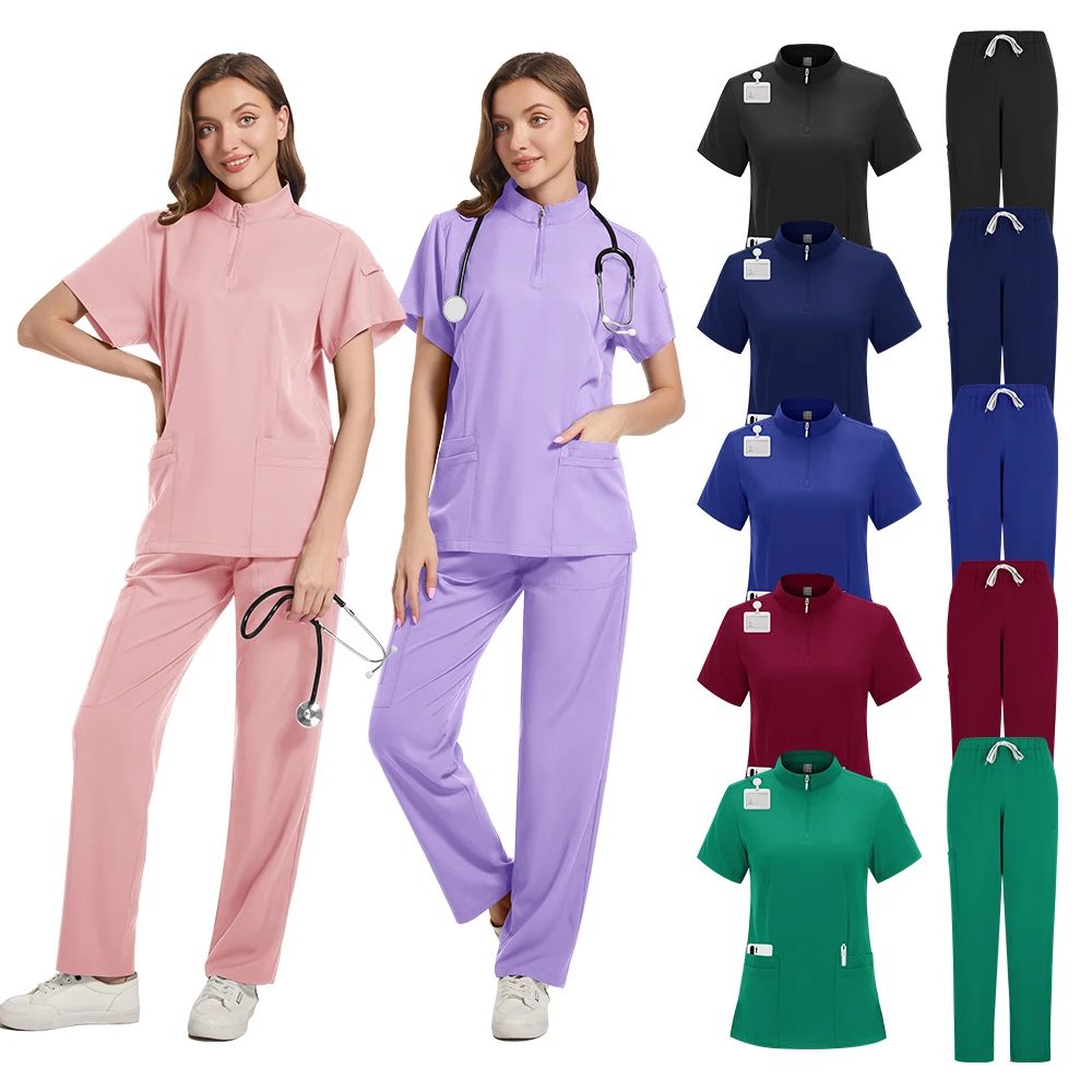Vestiti per il lavaggio Abiti da lavoro estivi femminili a maniche corte Colletto alla coreana casual Cerniera Top Salone di bellezza Medico Uniforme da infermiera