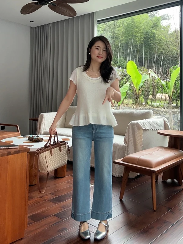 

Light Blue Straight Leg Jeans Summer Style Four-Way Stretch Wide Casual Comfortable Women's Denim Pants Natural Waist