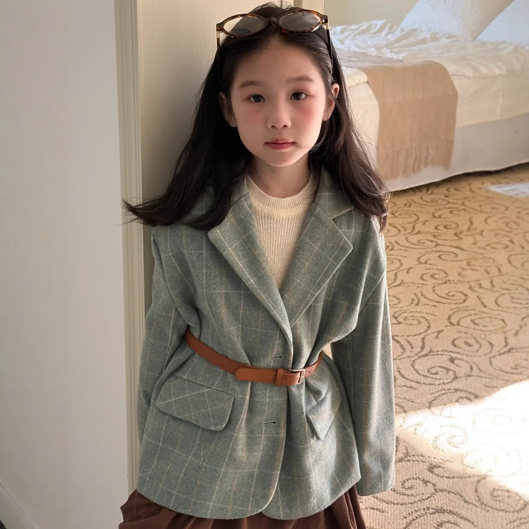 

Korean Children Girls Coat Green Plaid Toddler Kids Girl Blazer Casual Autumn Soft Turn Down Collar Infant Babys Girls Outerwear