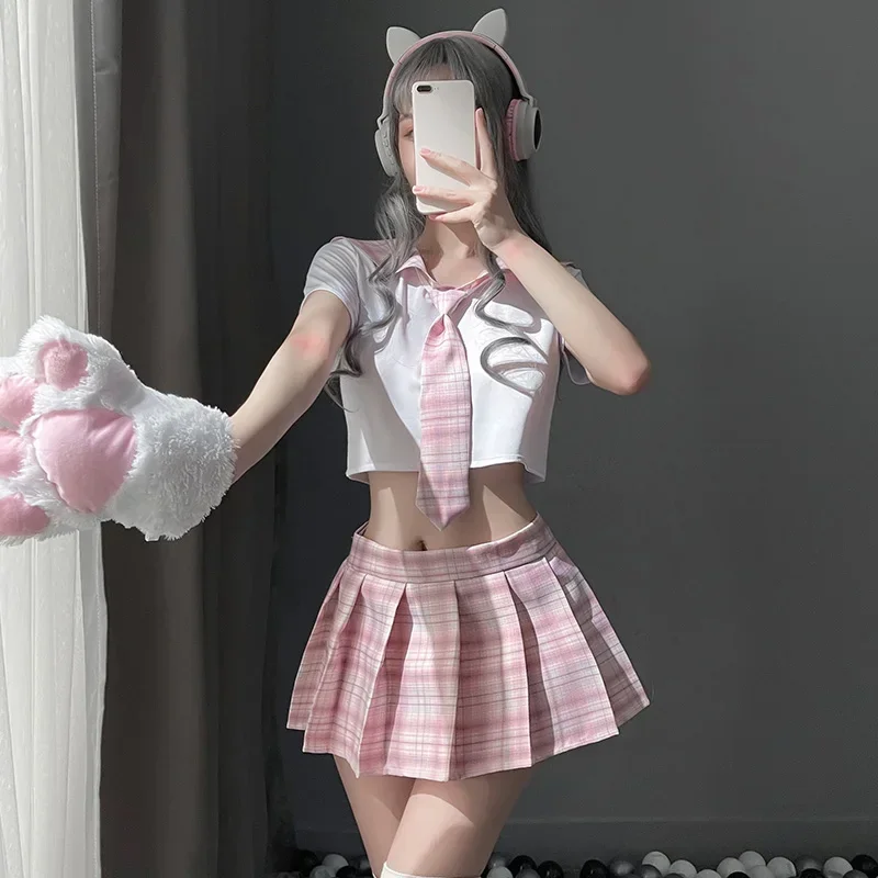 Kawaii School Girl Costume Women Sexy Cosplay Lingerie Sweet Student JK Uniform Tops with Plaid Skirt and Tie Set Role Play