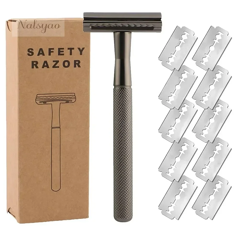 Eco-Friendly Double Edge Safety Razor for Men Women Metal with 10 Platinum Coated Blades