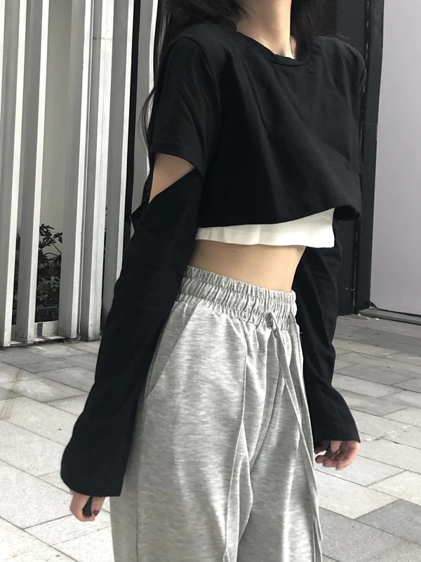 Y2K Dancing Jazz Women's Top Clothes Fake Two-Piece Kpop Street Style High Waist Cotton Short Sleeve round Neck Short Length