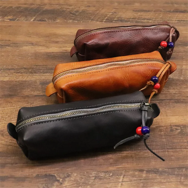 Simple vintage natural genuine leather men women's glasses bag real cowhide small storage bag student coin purse pencil case
