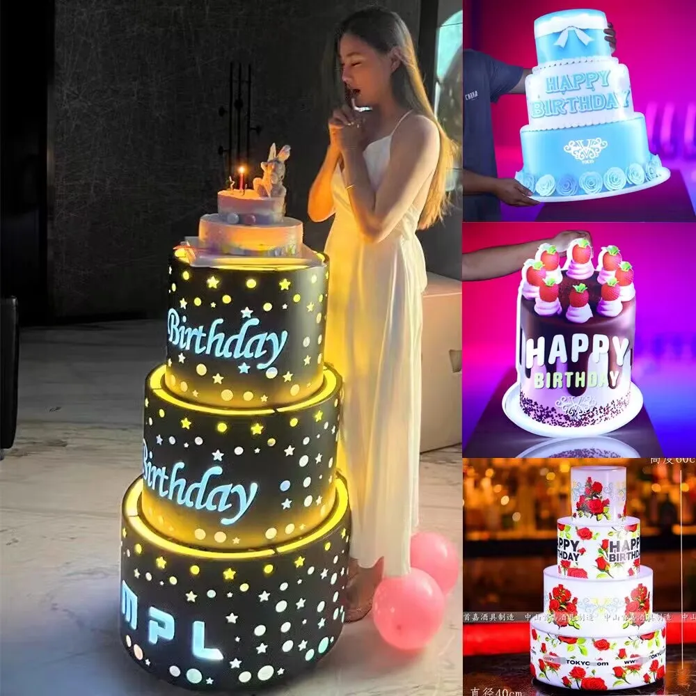 Customzied LED Luminous Happy Birthday Cake Bottle Presenter Wine Glorifier Holder For NightClub Party Lounge Bar