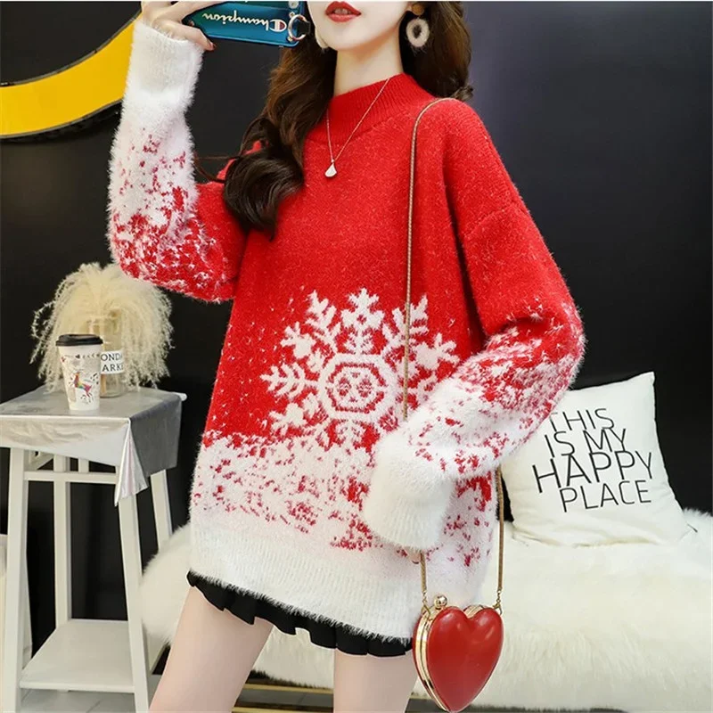 

DAYIFUN Contrast Color Snowflake Pattern Sweater Women Half Turtleneck Knitted Pullovers Warm Bottoming Jumpers Casual Knitwear