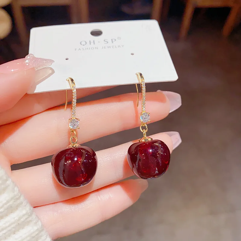 Cherry Fruit Hook Drop Earrings for Women Red Enamel Simple Lightweight Premium Daily Wear Hypoallergenic