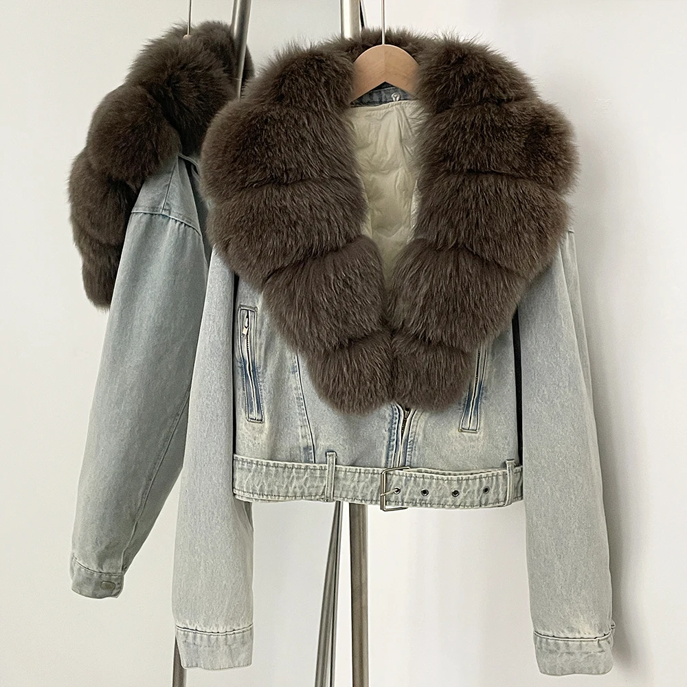 Down Jacket Autumn Puffer Jacket Fluffy Real Fox Fur Collar Short Denim Jacket Female Mongolian Fur Thick Warm Jean Jacket Women