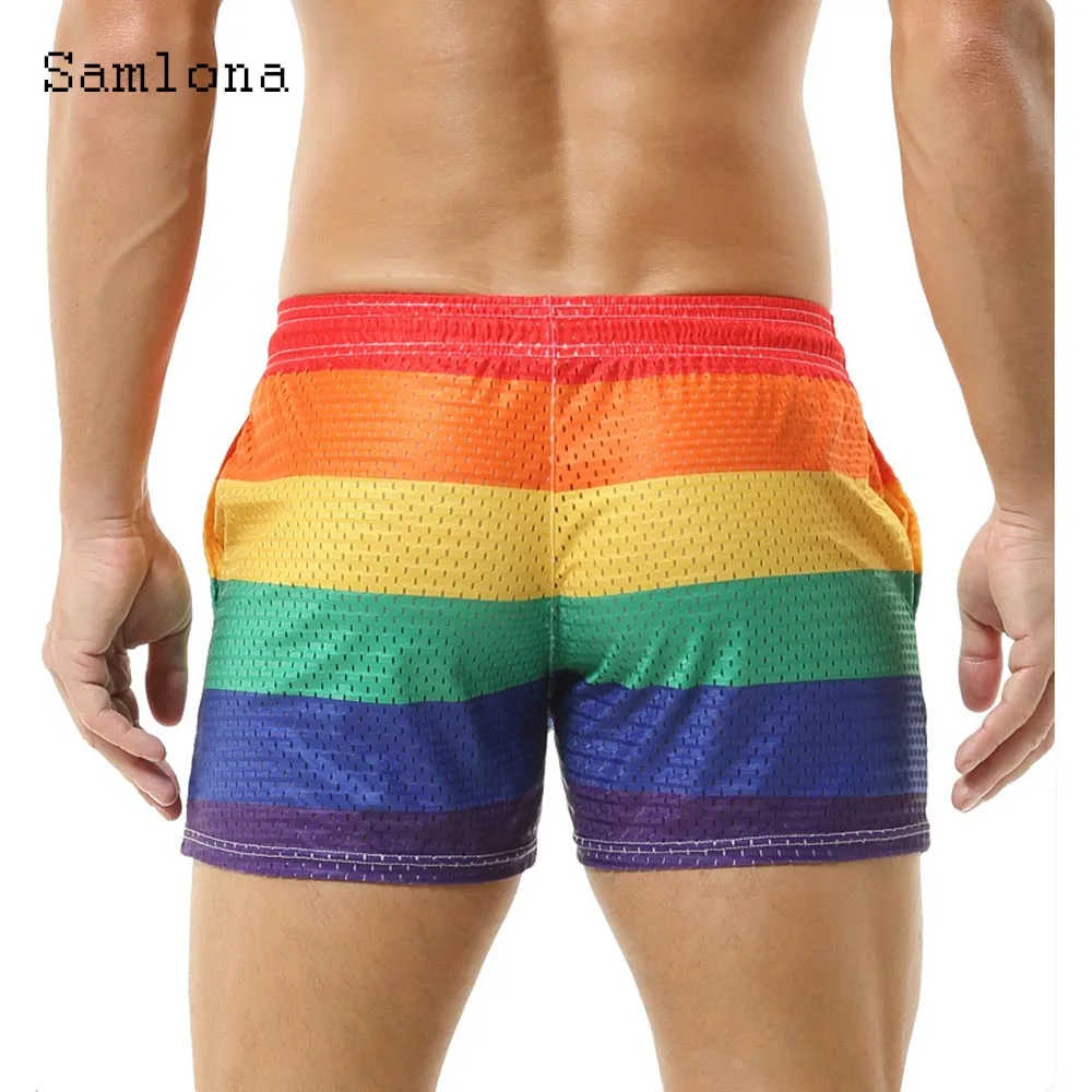 2025 جديد الصيف شبكة عادية تشغيل السراويل الرجال مثير قوس قزح مخطط مجلس السراويل الذكور الوقوف جيب اللياقة البدنية الشاطئ سراويل قصيرة