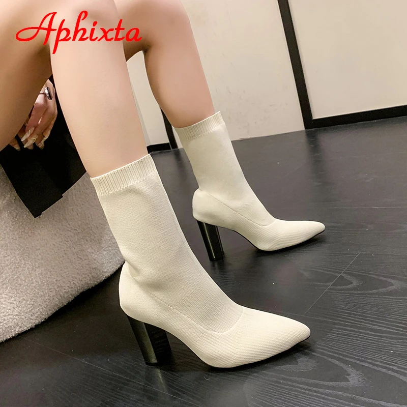 Aphixta 2022 Hot Sale Beige Sock Boots Women Shoes Stretch Knit 9cm Metal Bling Square Heel Pointed Toe Big Szie 42