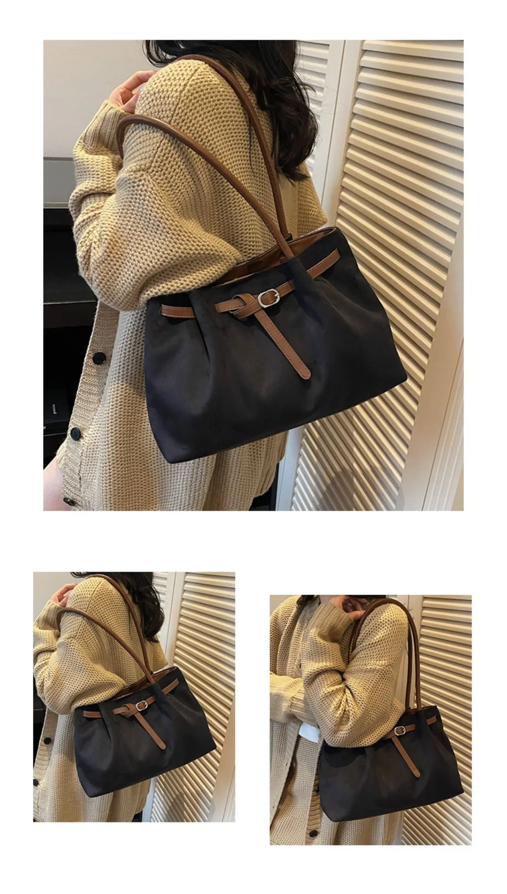 Elegante Wildleder-Umhängetasche mit großem Fassungsvermögen, Retro-Handtasche, einfarbig, erhältlich in 4 Farben, Pendler-Tragetasche, Schule/Reisen/Arbeit – Detail 4