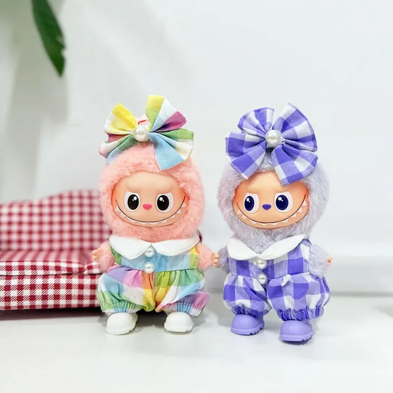 

Onesie With Pearl Bow Hair Accessory Clothes For LABUBU 4.0 Gen 10cm Mini Pin For Love Series Doll Outfit Pearlescent Checkered
