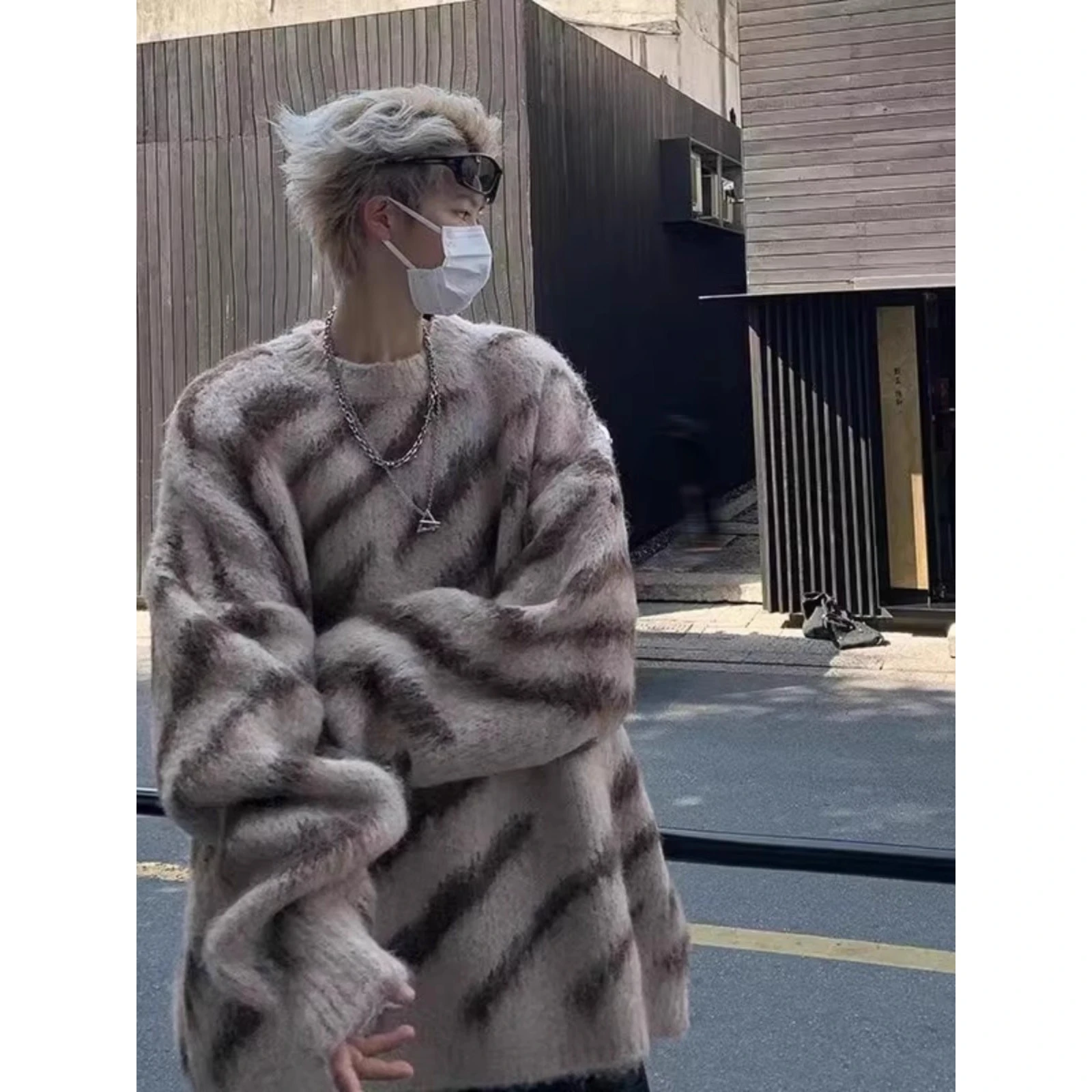 

American Sle round Ne Knitted Sweater Men's Large Size 300 Pou Casual Zebra Pattern Striped Thermal Top for Autumn Winter