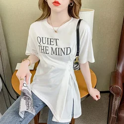 Round Neck Irregular Short Sleeve Women's Tee T-shirt 2023 Summer New Split Folds Button Letter Printed Casual Fashion Tops