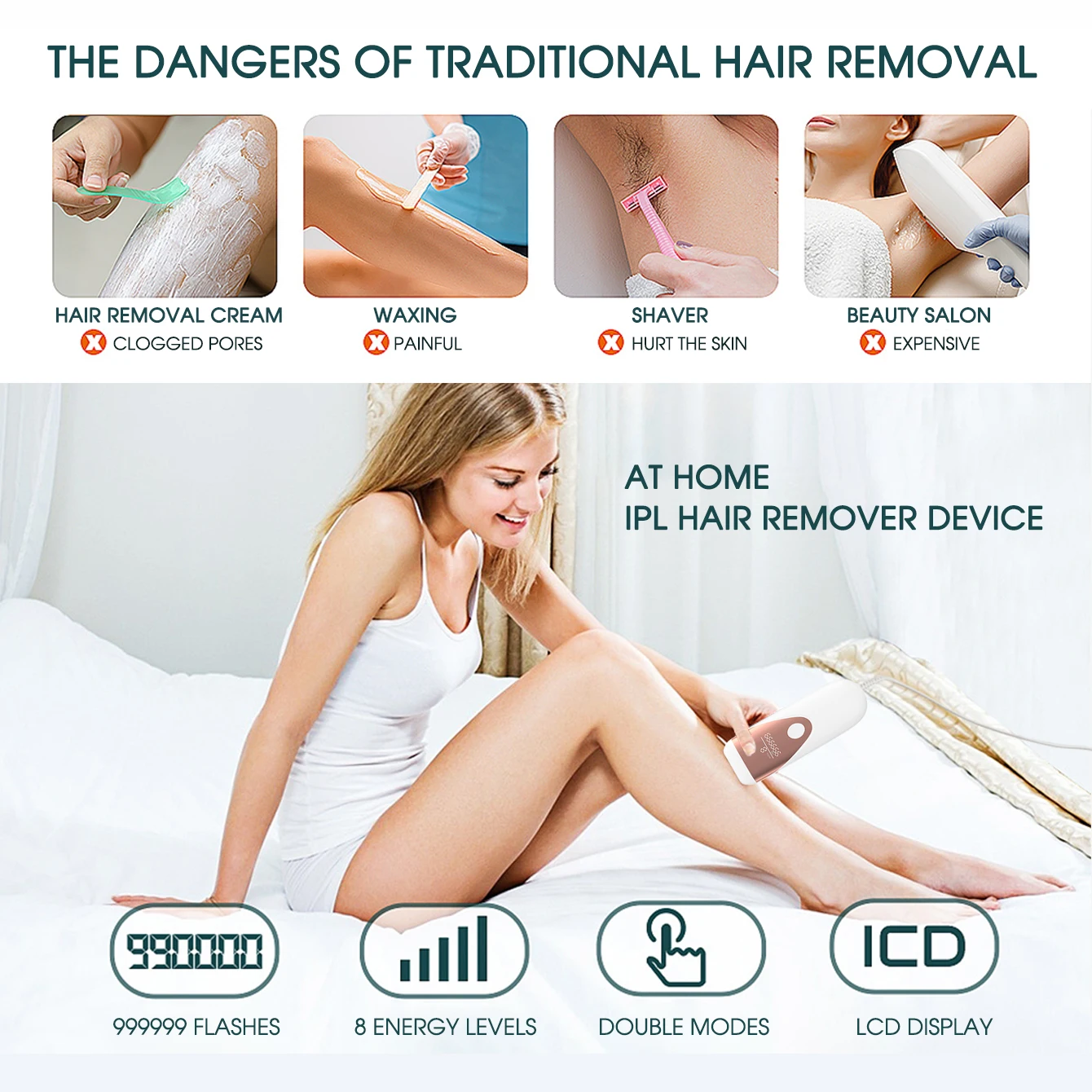990.000 Blitze, gepulstes Licht, Laser-Haarentfernung, 8 Stufen, elektrischer IPL-Epilierer für Frauen, Beine, Achselhöhlen, Ganzkörper-Bikinis, Geräte