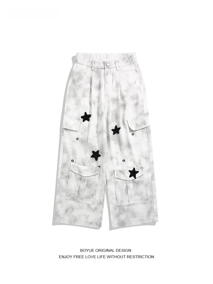 

Boyue American Sle Dyed Vintage Star Work Pants Wide Leg Jeans Men Women Casual Comfortable Breathable Spring Autumn Winter