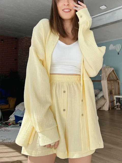 Casual Loose Women's Summer Cotton Suit 100% Long Sleeve Two Piece Set Women Tracksuit Suit Shirt and Shorts for Women 2023