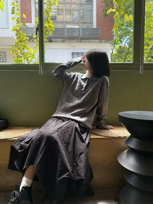 Bla Twisted Button  Ne Knitted Long Sve Sweatirt ex Autumn Winter Loose Fit Casual Faion Polyester Fiber