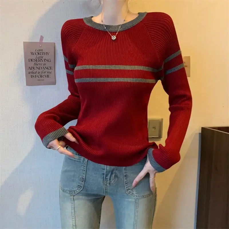 Spring Women Pullover Long Sleeve Tops Sweater For Women O-Neck Casual Slim Vintage Stripe Color Blocking Sweaters Autumn Top