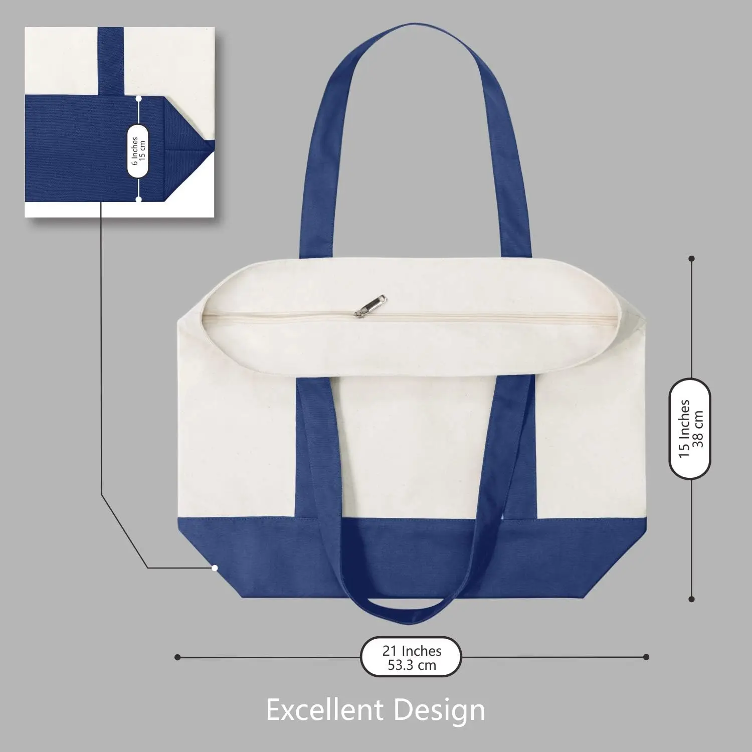 TOPDesign 30-Pack Stylish Canvas Tote Bag with an External Pocket, Top Zipper Closure, Daily Essentials (Blue/Natural)