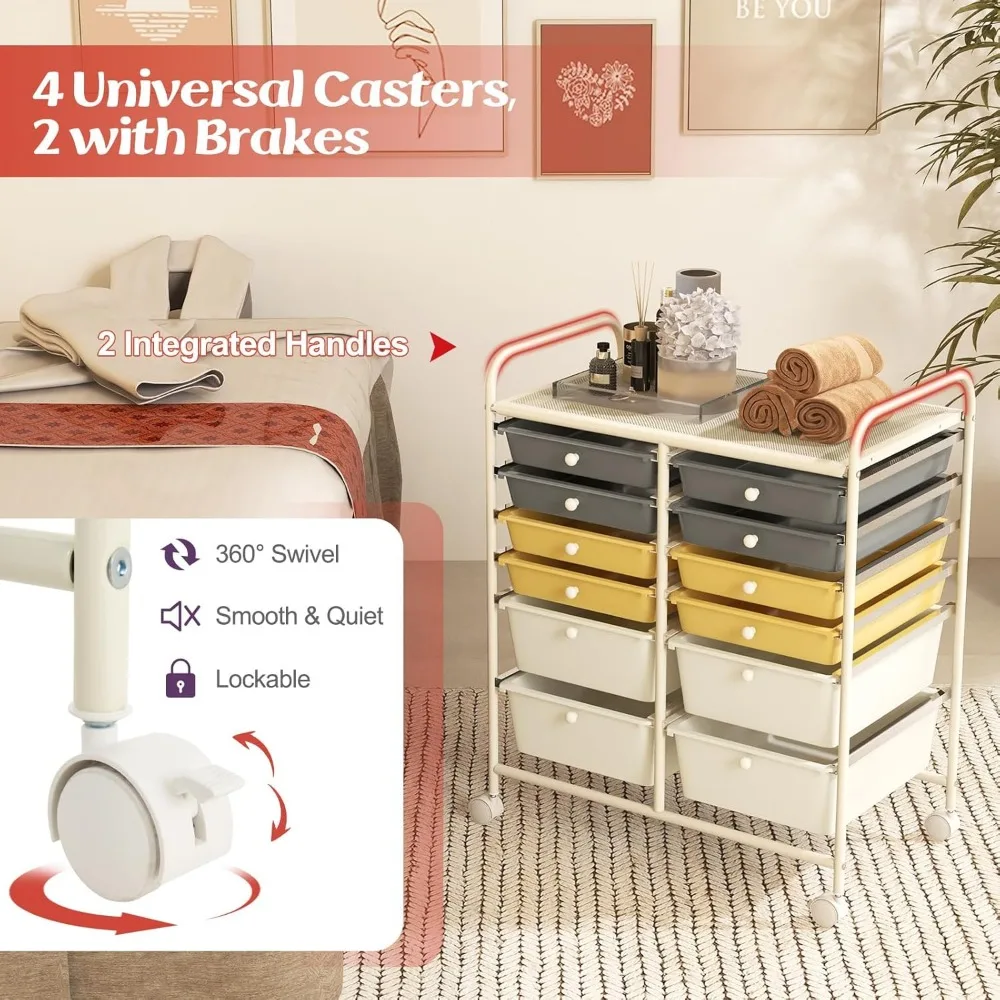 Mehrzweck-Rollwagen mit Metallrahmen, 12 abschließbaren Schubladen und Mehrzweckwagen für Lagerlösungen