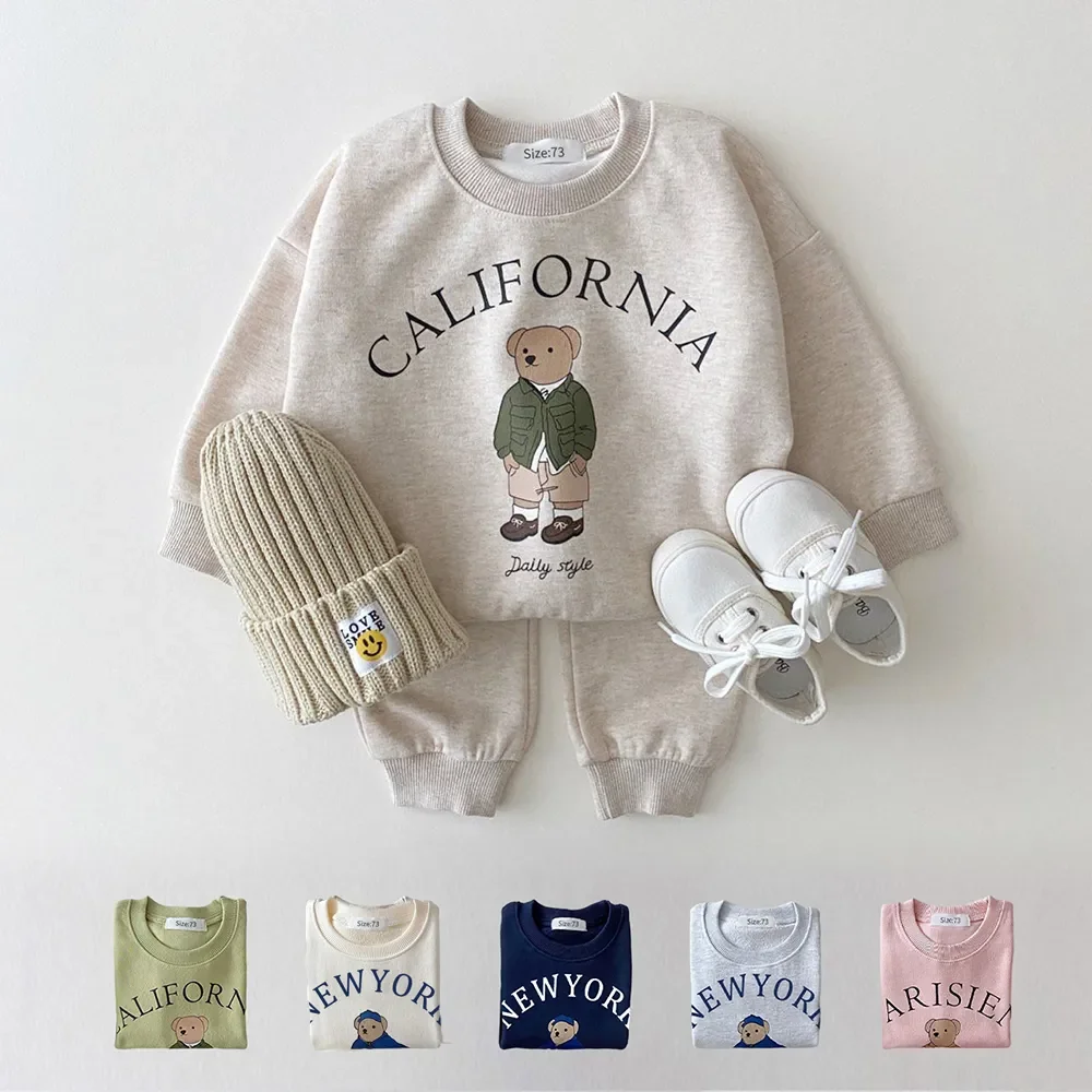 Ensemble de Vêtements pour Bébé Garçon et Fille, Pull en Forme d'Ours, PVD +, Pantalon de dehors en Coton Solide Simple, 2 Pièces, Nouvelle Collection