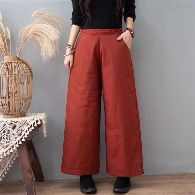 Cotton-padded Wide Leg Pants for Women 2024 New Winter Retro Literary Thick Warm Female Quilted Harem Pants Outerwear Trousers