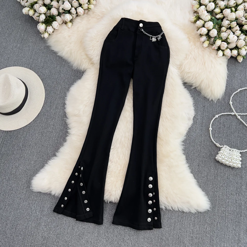 

ssTss 2024 Spring High Waist Heavy Industry Split-Buttoned Pants Women Bell Bottoms Jeans Trousers Girls Black Long Denim Pants