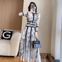 Elegant Autumn Black White Mesh Spliced Lace Embroidery Flower Dress 2024 Women O Neck Long Sleeve Hollow Out Party Long Clothes