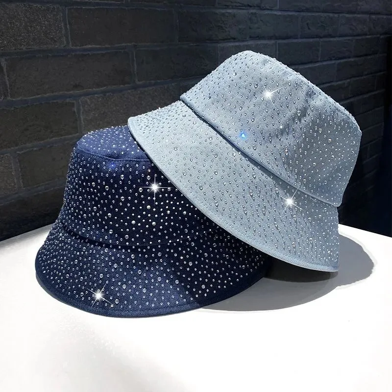 Women Designer Diamond Washed Denim Bucket Hat Ladies Bling Party Jean Rhinestones Fisherman Cap Sun Protection Panama Hats