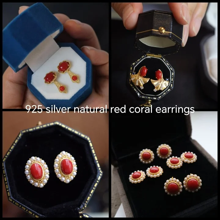 

925 Silver Natural Precious Red Coral Ear Clip Buckle With Certificate Vintage Freshwater Mini Pearl Fish Ear Studs Fine Jewelry