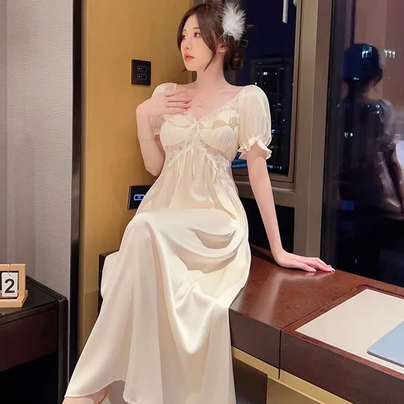 French Nightgown Summer Ice Silk Elegant Long with Chest Pads and Short Sleeves Lazy Night Dress Women  Lingerie  Sleep Dress