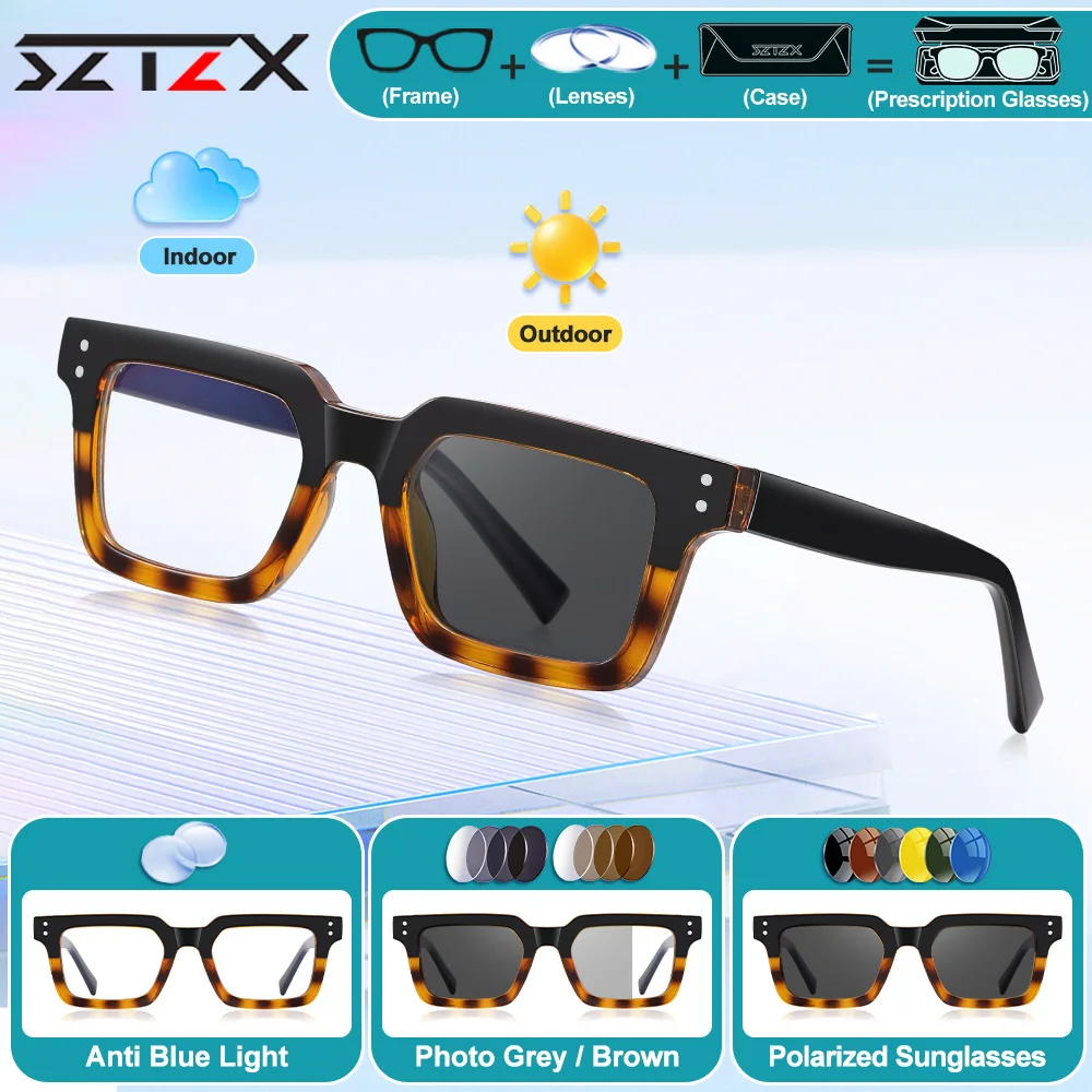 

SZTZX Business Square Design Myopia Hyperopia Reading Glasses Men Small Frame Anti Blue Light Photochromic Prescription Eyeware