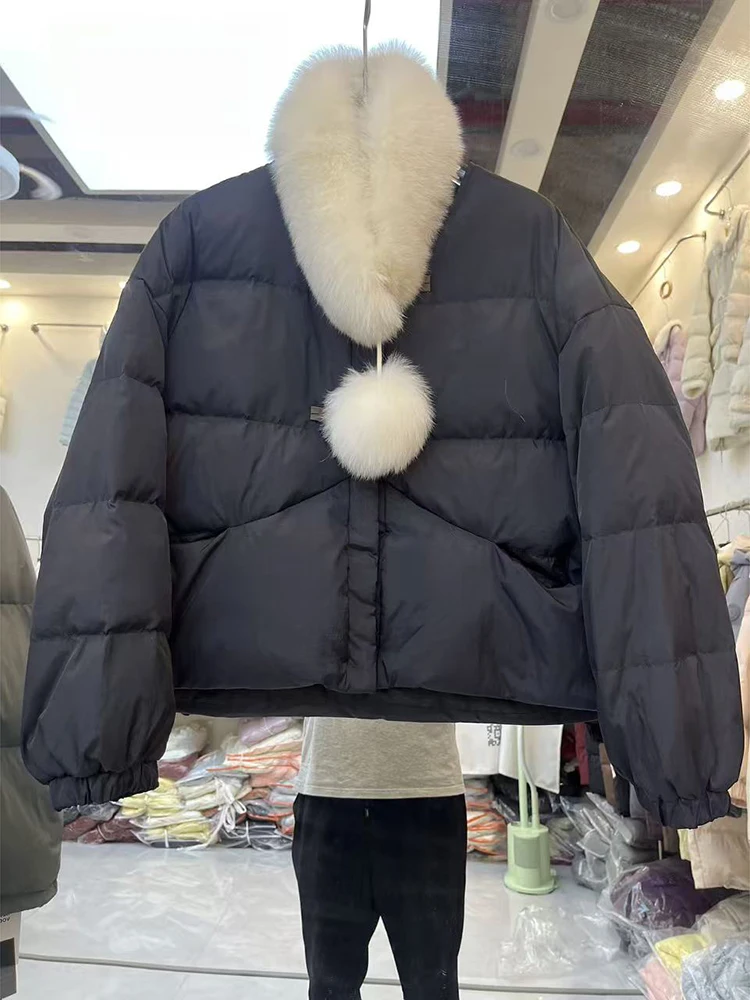 Veste en duvet de canard blanc pour femme, version coréenne, écharpe en renard à la mode, col en fourrure, style court, nouvelle collection hiver 2025