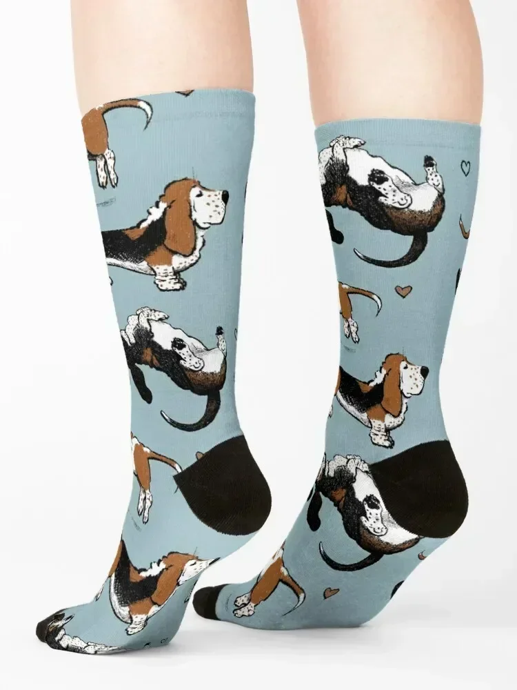 Basset Buddies on Blue Socks Wholesale sports stockings heated christmass gift Man Socks Women's
