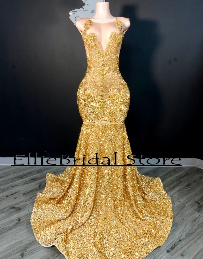 Abiti da ballo in oro di lusso 2025 Abiti da sera a sirena con strass e paillettes Scoop robe soirée Abito da festa lungo personalizzato