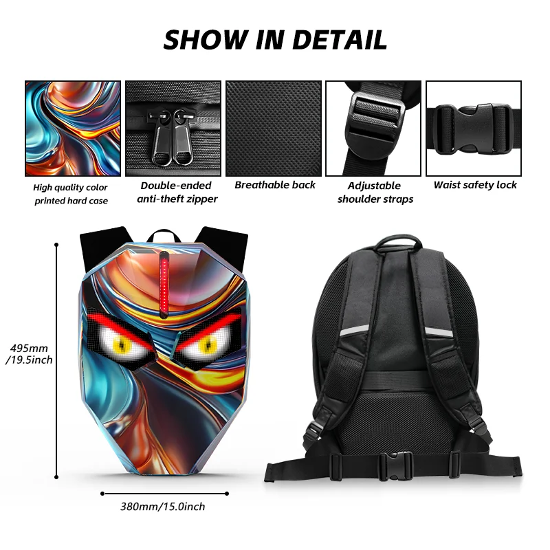 Colorful LED Eyes Cycling Backpack Programmable Cycling Bags with LED Lights App Control Hard Shell Waterproof Cycling Backpack