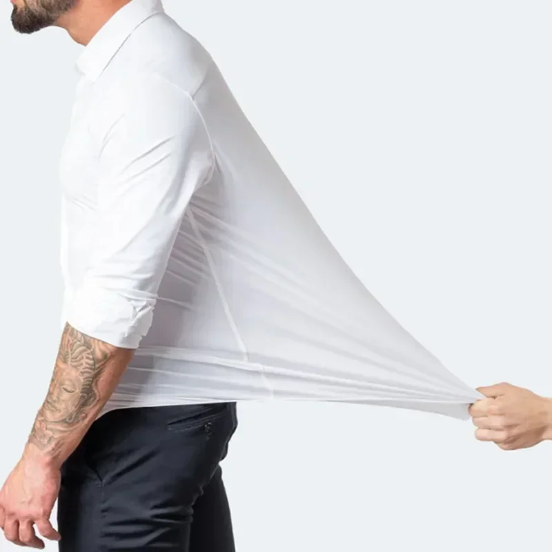 

New High Elasticity Comfortable Business Basic Shirts For Men Long Sleeve Slim Fit Casual Solid Social Formal Dress Plain Shirts