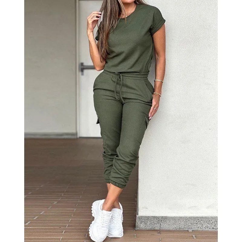 Women Short Sleeve O-Neck T-shirt Top Drawstring Pocket Mid Waist Overalls Suit 2023 Fashion Women Solid Color Loose Sports Suit