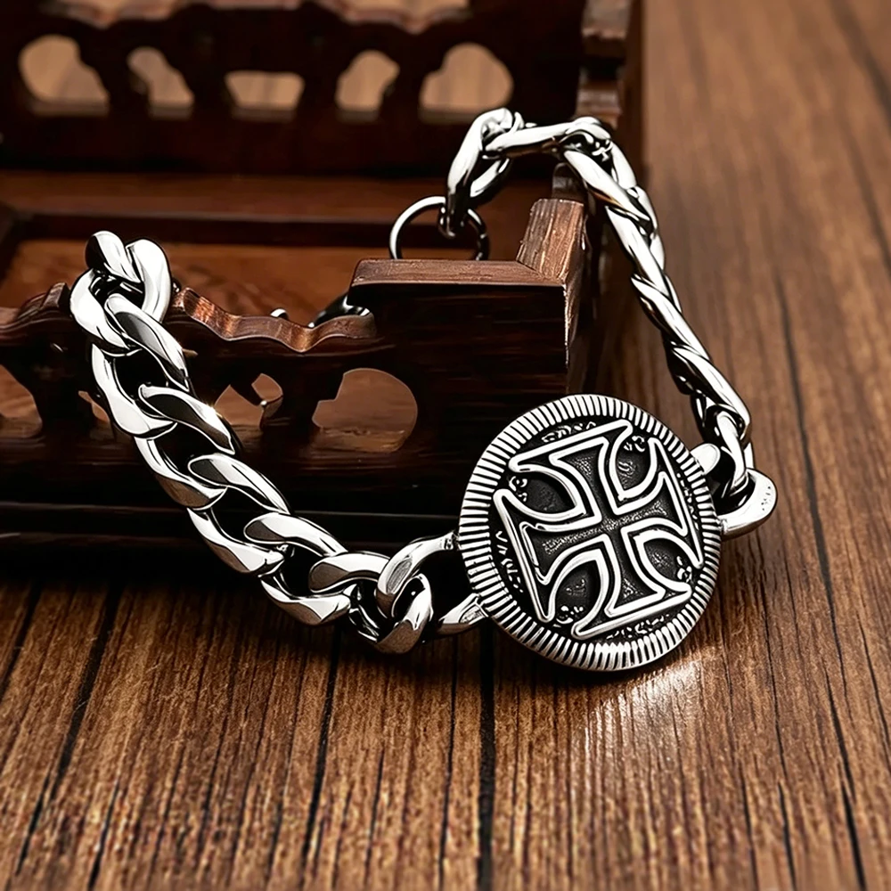 Vintage Stainless Steel Iron Cross Bracelet for Men Women Punk Hip Hop Knights Templar Religious Jewelry Wholesale Dropshipping
