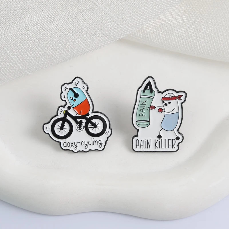 Cute Cartoon Doxy-Cycling Enamel Pins Pain Killer Metal Brooches Fashion Lapel Badge Backpack Clothes Jewelry Gift for Friends