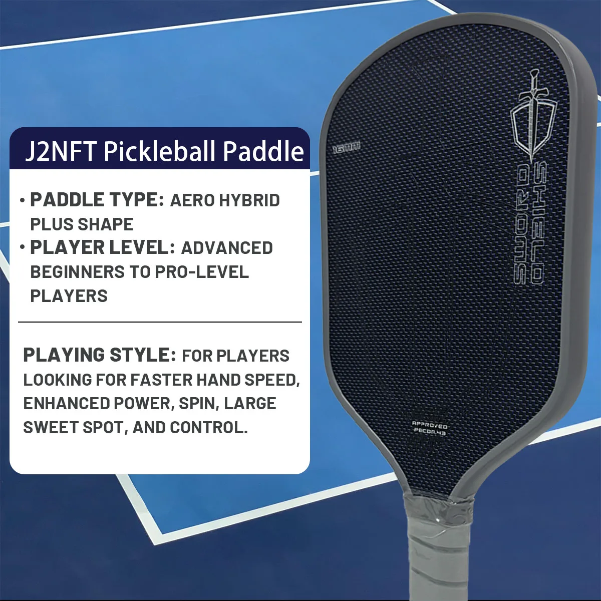 مجداف Sword & Shield J2NFT Pickleball OEM، متعدد الكثافة لجميع الطاقة الإسفنجية، والتدور، ومجداف التحكم
