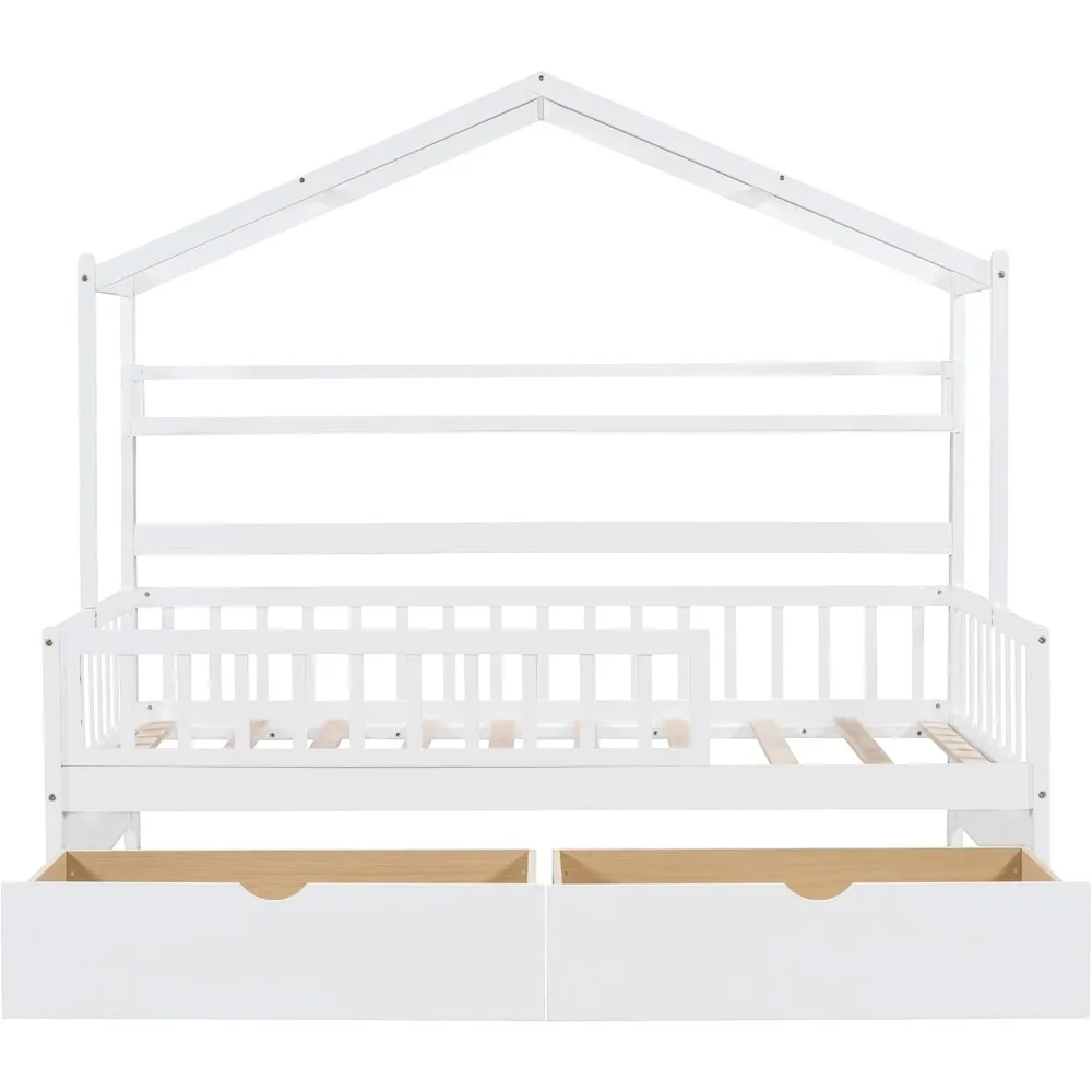 Lit double avec 2 tiroirs, cadre de lit pour enfants en bois avec étagère de rangement