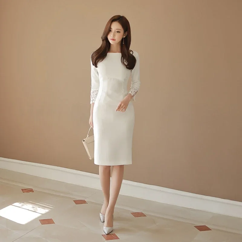 

2025 Lace Sleeve White Slim Sheath Dress Thick Warm New Elegant Formal Party Dress Office Lady Work Matching Spring Clothes