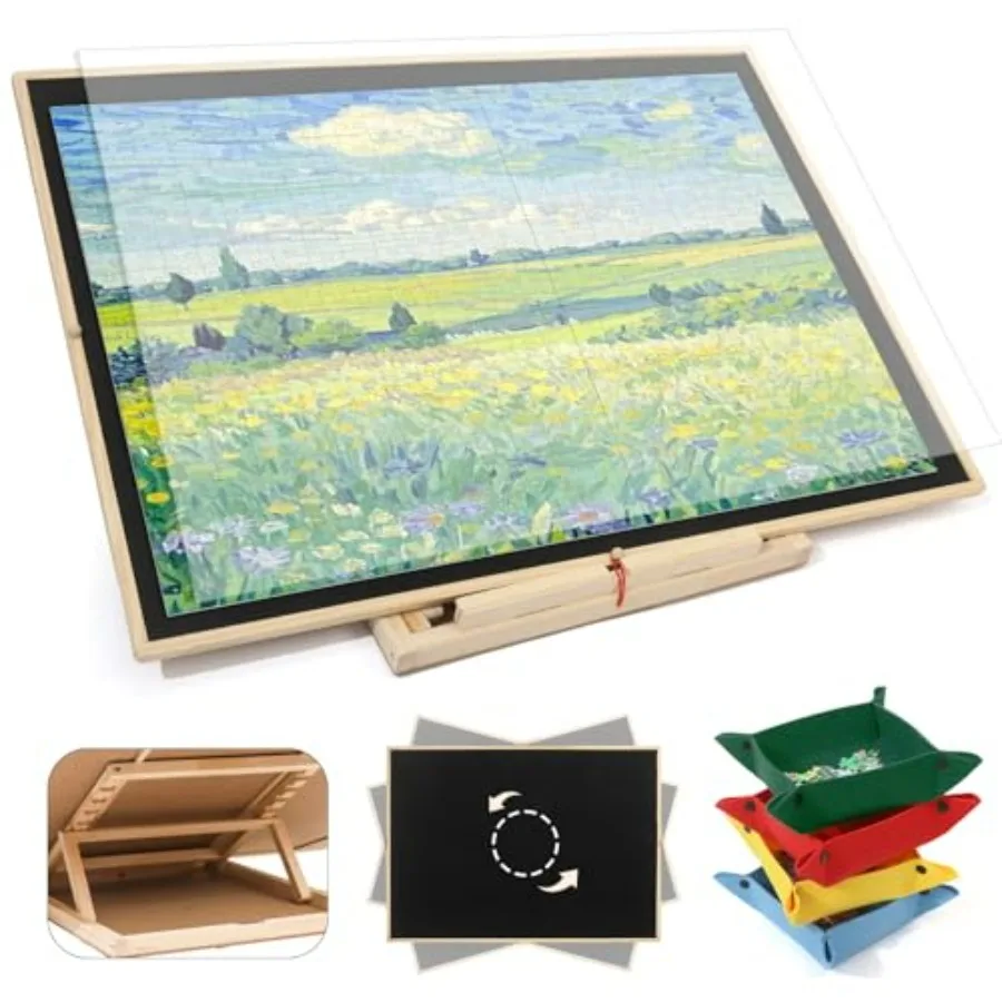 

Puzzle board for home use, wood, natural wood color, tilting and rotating with lazy susan, drawers and protective cover